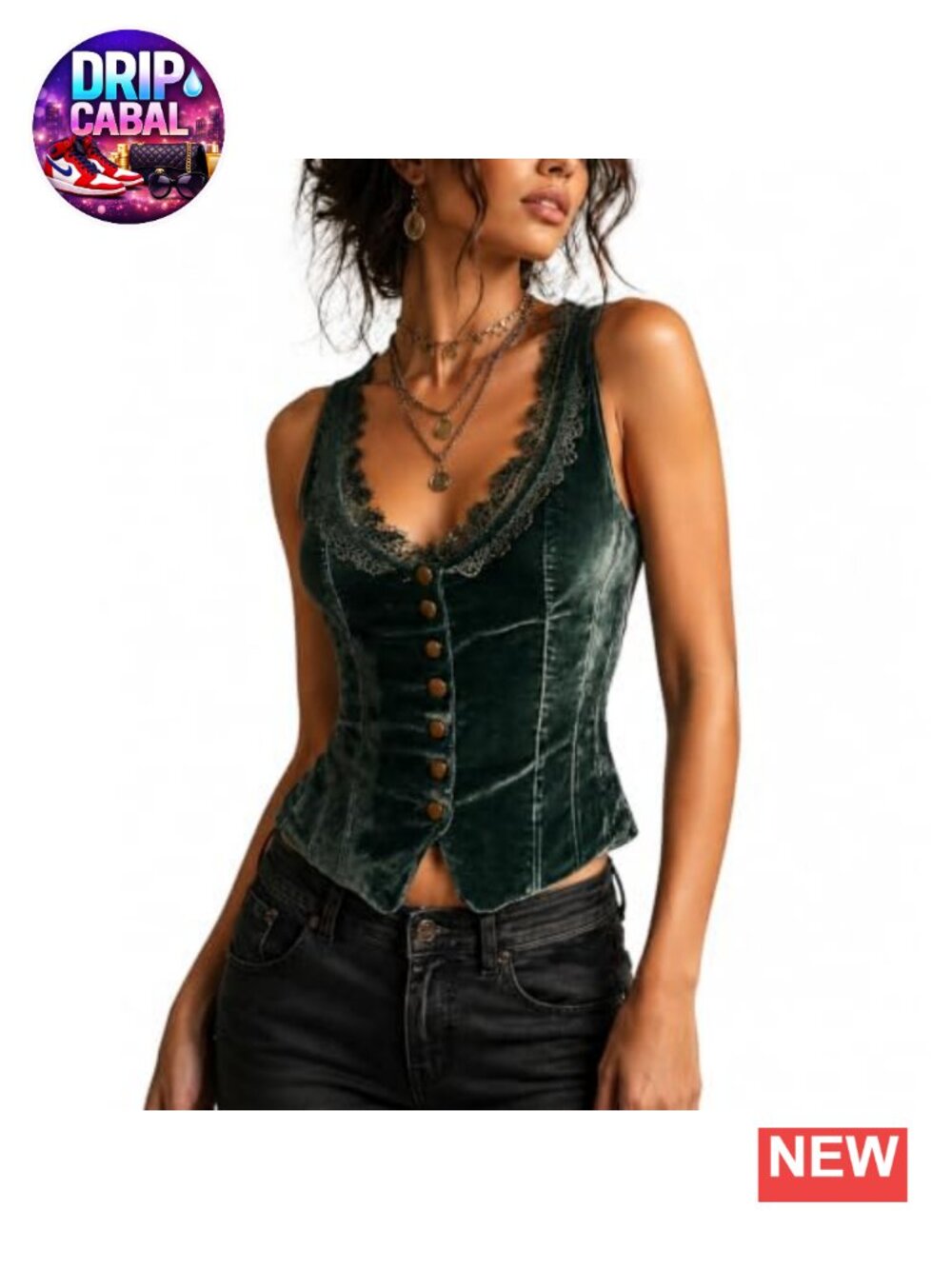 Womens Velvet Corset Vest Lace Trim V Neck Button Up Sleeveless Victorian